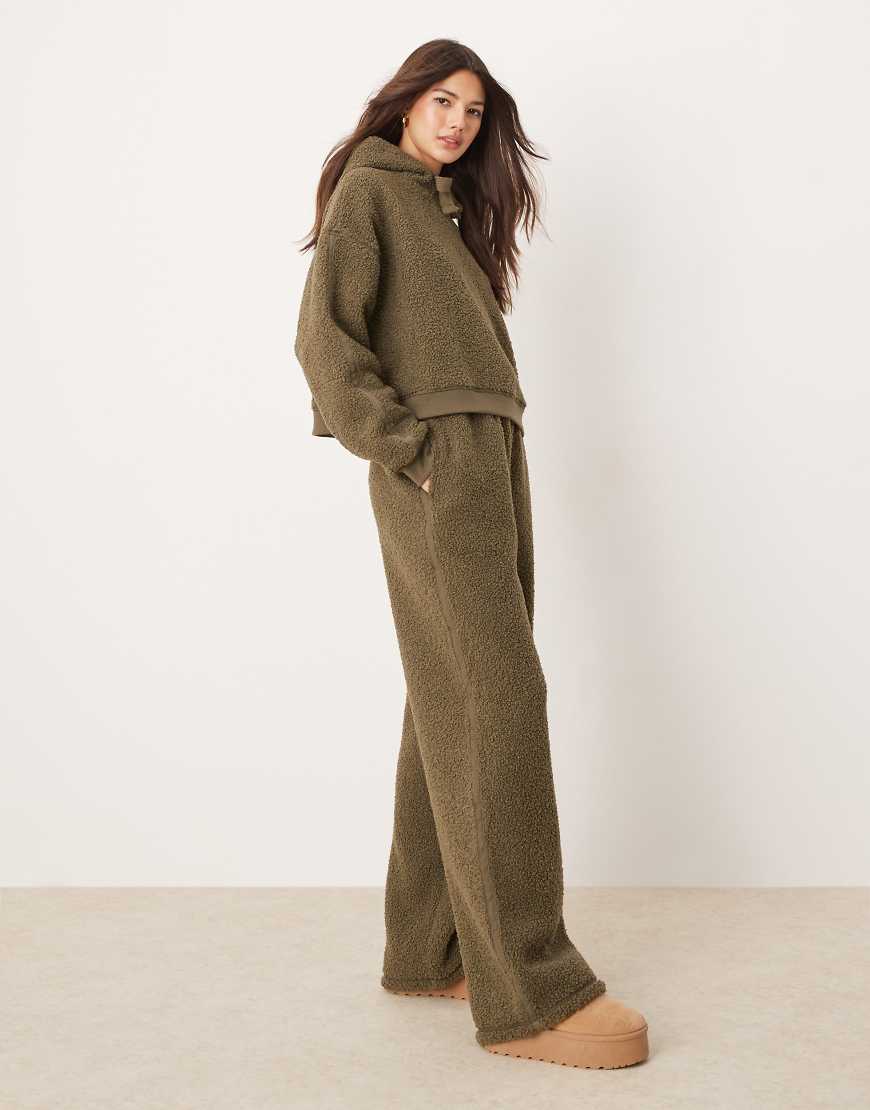 ASOS DESIGN lounge borg cropped hoodie & wide leg pants set in khaki-Green