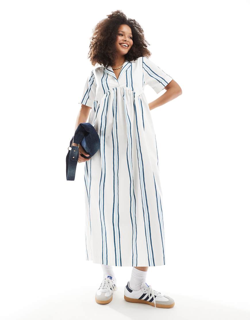 ASOS DESIGN midi shirt dress with camp collar and corset hem in two tone stripe-Multi