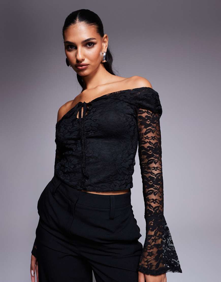 ASOS DESIGN off-the-shoulder keyhole detail top in black lace