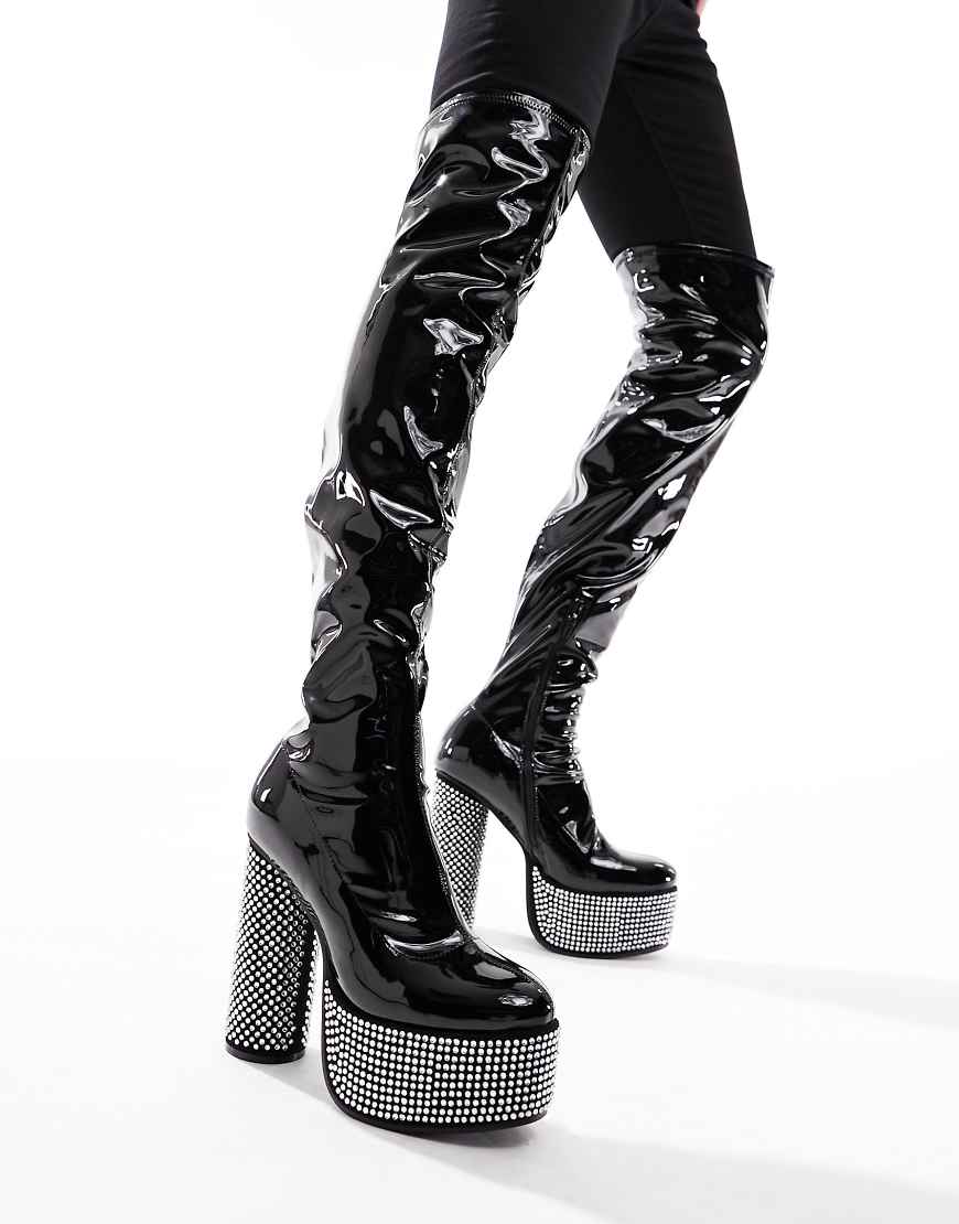 ASOS DESIGN over the knee heeled boots in black patent faux leather with diamante details