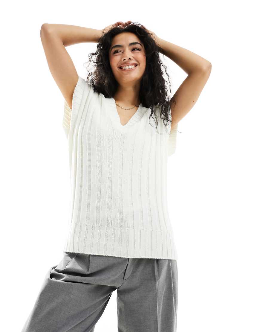 ASOS DESIGN oversized knit tank top in wide rib in cream-White