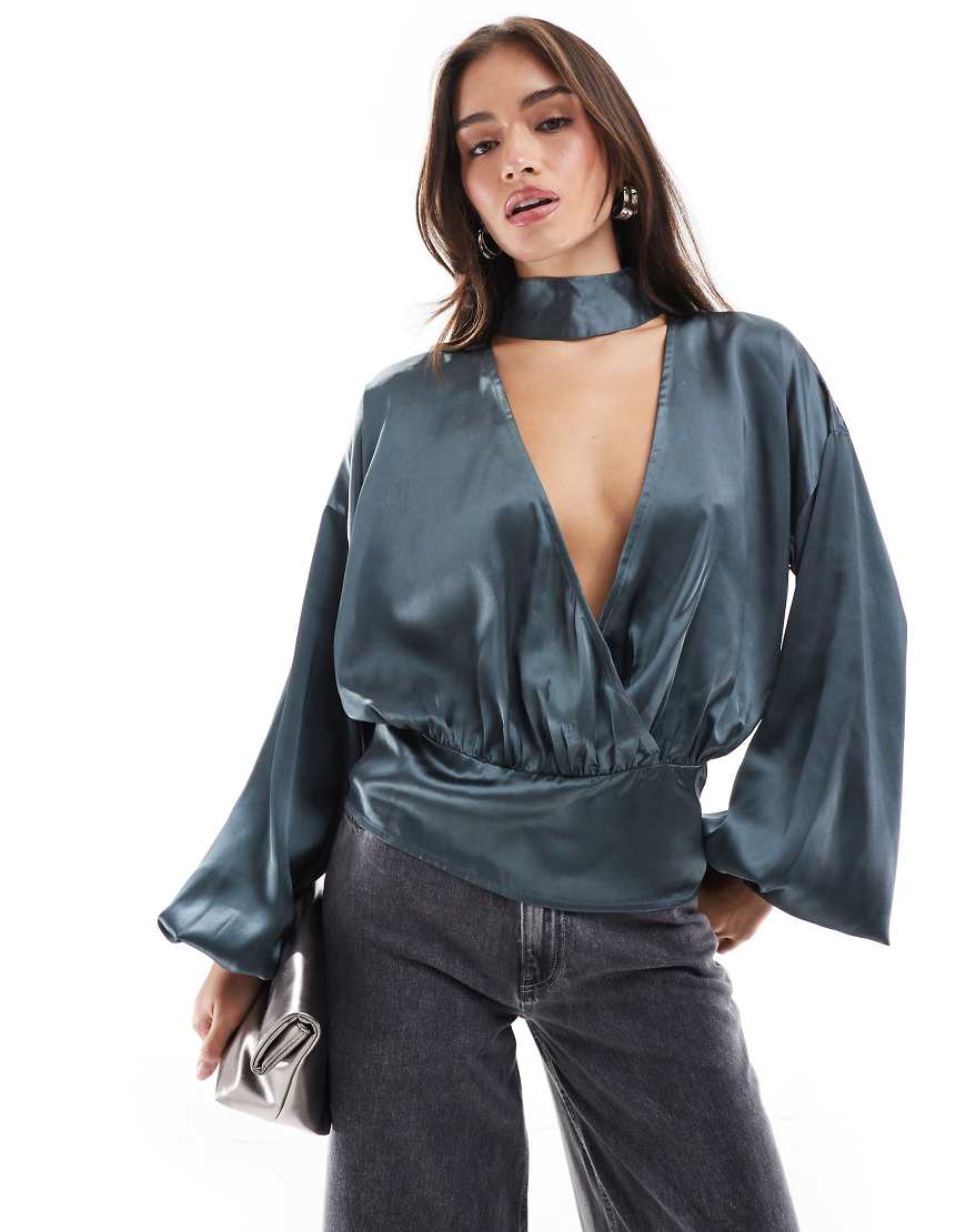 ASOS DESIGN satin wrap top with choker detail in gray-Multi