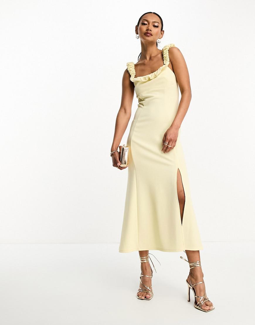 ASOS DESIGN scrunch neck soft textured a-line midi dress in pastel lemon-Yellow