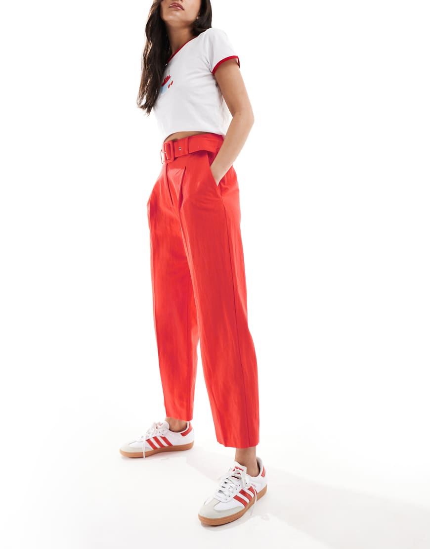 ASOS DESIGN tailored belted pants with linen in red