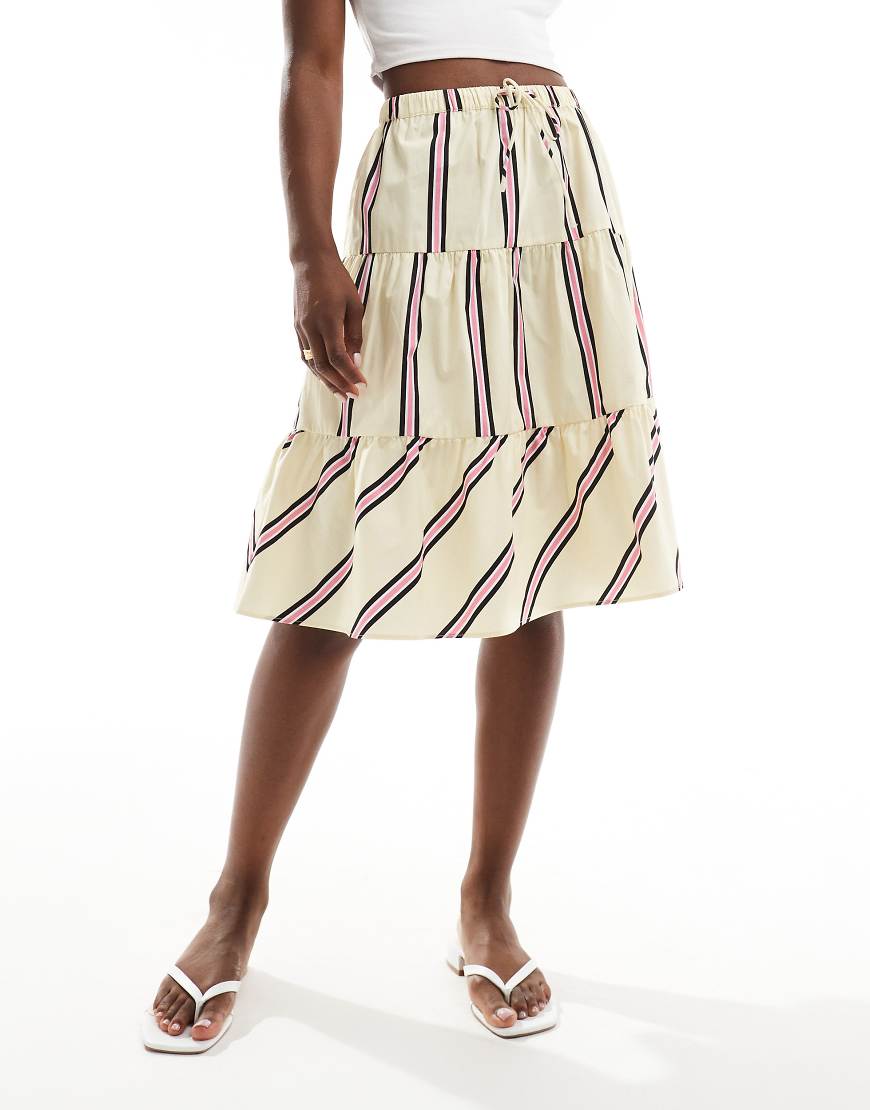 ASOS DESIGN tiered knee length skirt in yellow and pink stripe-Multi