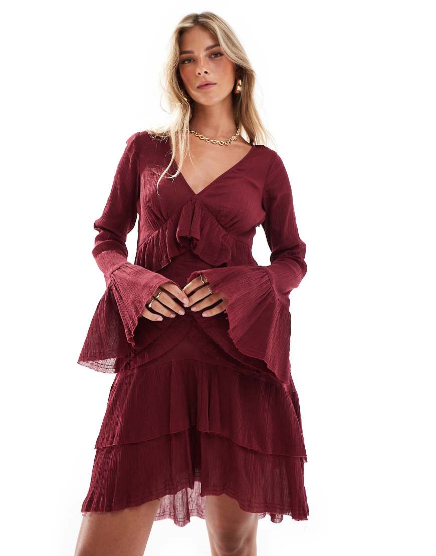 ASOS DESIGN v-neck mini dress with tiered skirt and lace detail in burgundy-Multi