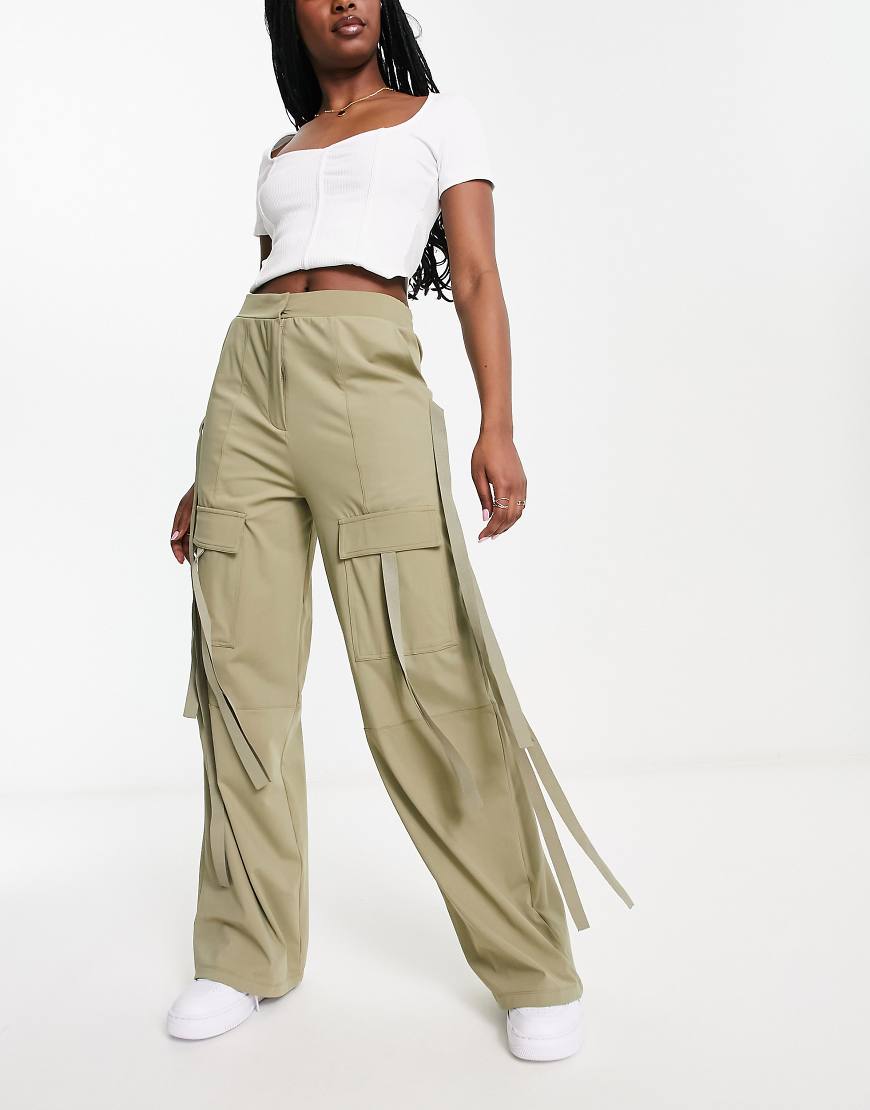 ASOS DESIGN wide leg cargo pants with strapping detail in khaki-Green