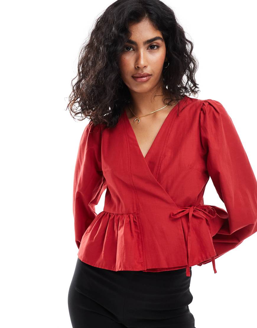 ASOS DESIGN wrap swing top with long sleeves in red