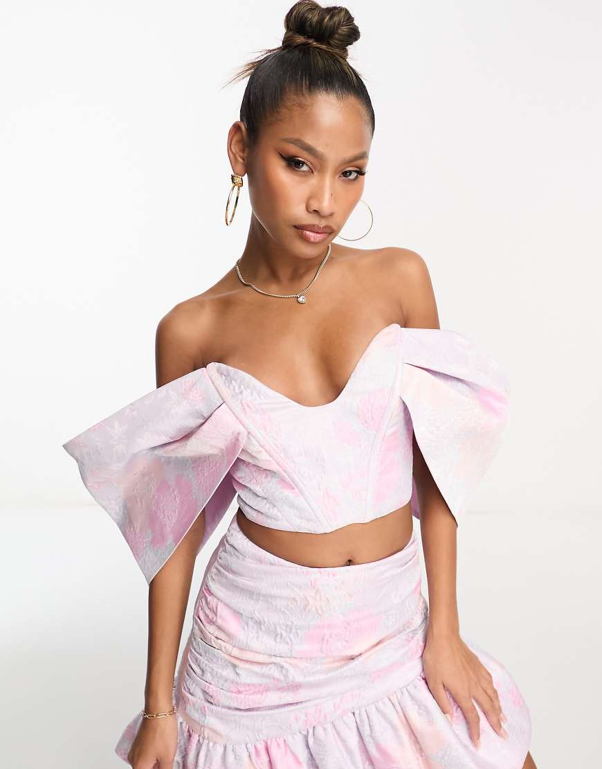 ASOS LUXE sweetheart extreme sleeve corsetted crop top in pastel floral jacquard - part of a set-Multi