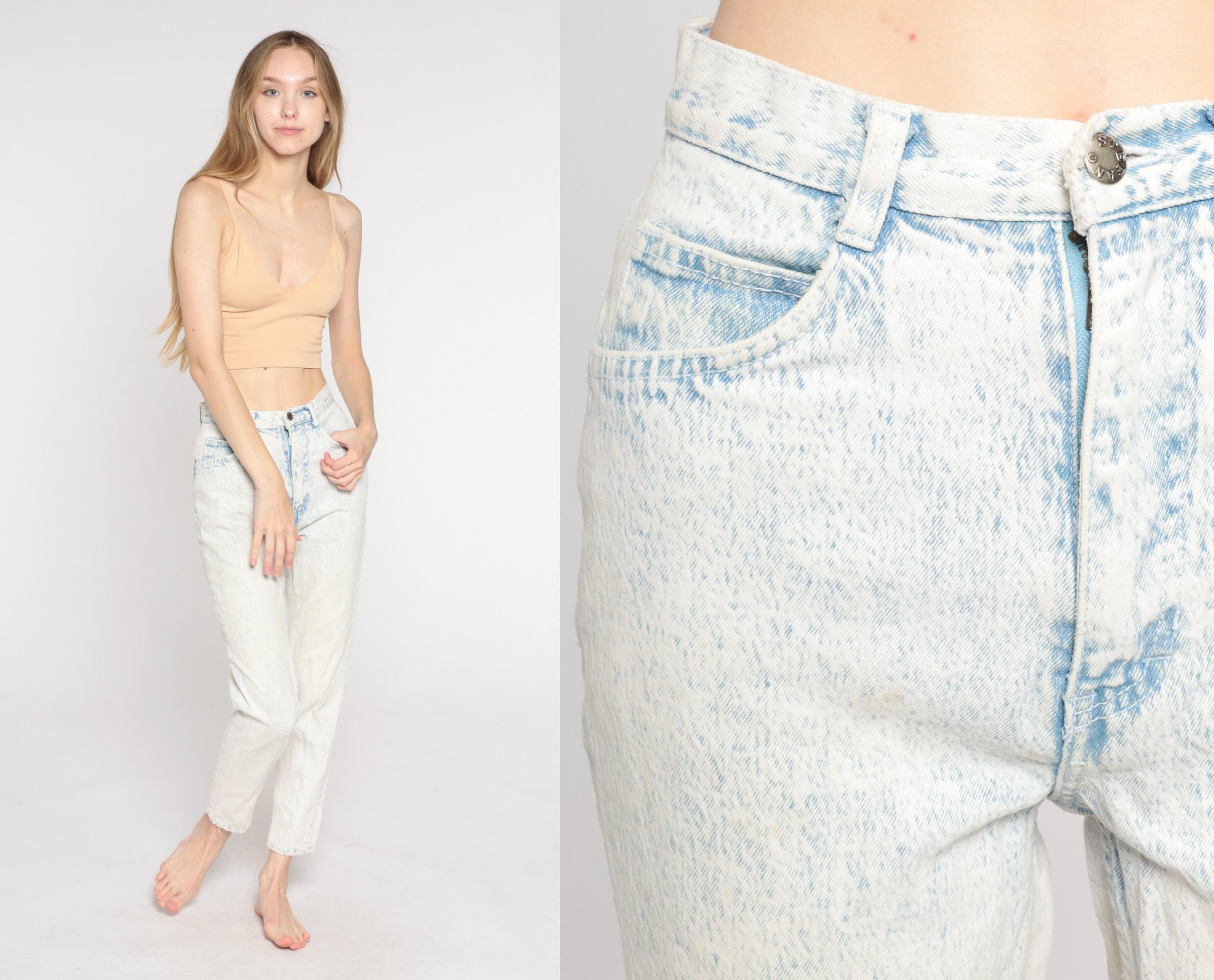 Acid Wash Jeans 80S 90S Mom Blue White Denim High Waisted Tapered Pants Skinny Retro Boho Vintage Stefano Extra Small Xs 26