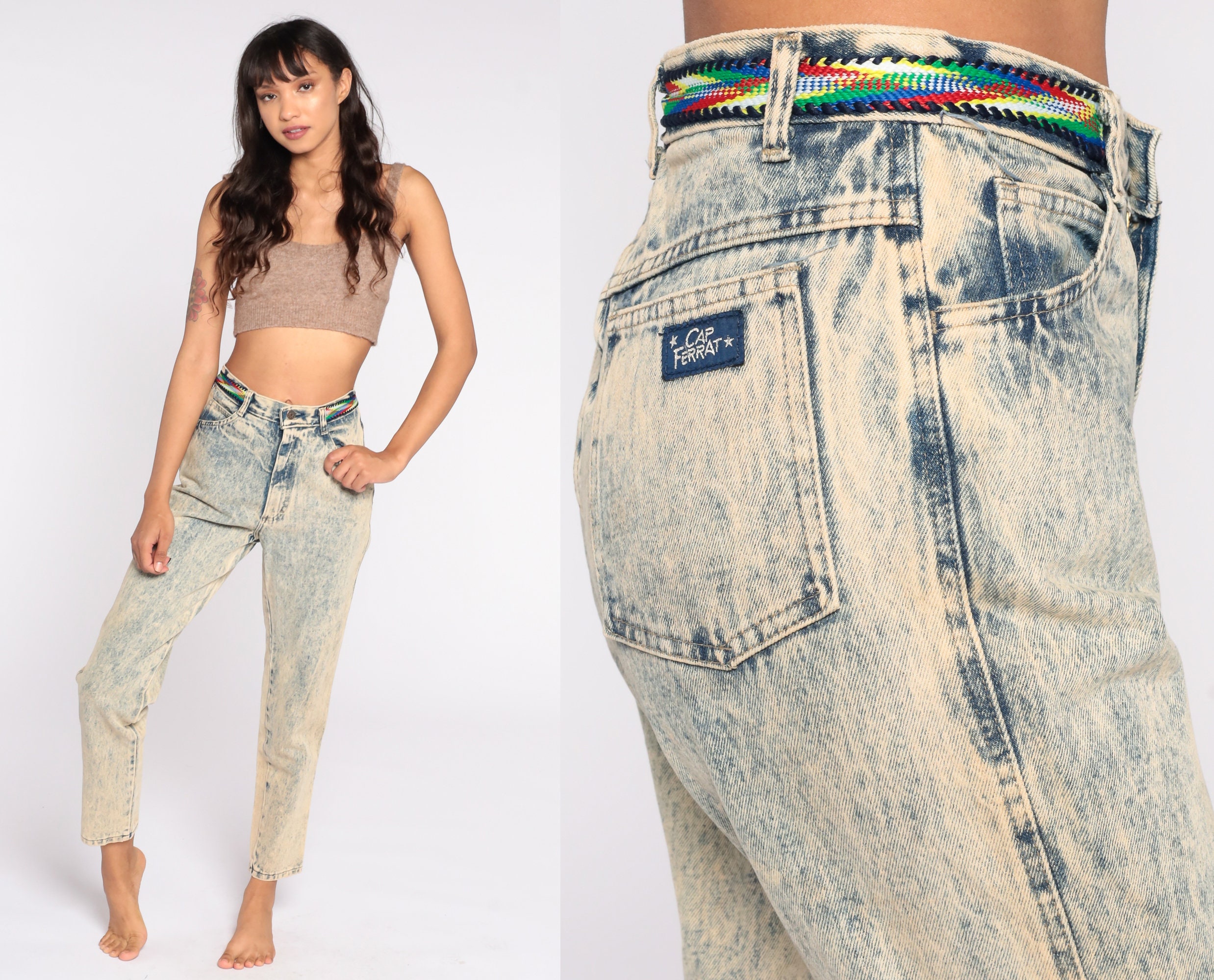 Acid Wash Jeans 90S Mom Blue Yellow Denim High Waist 80S Tapered Waisted Pants Skinny Vintage Small 26