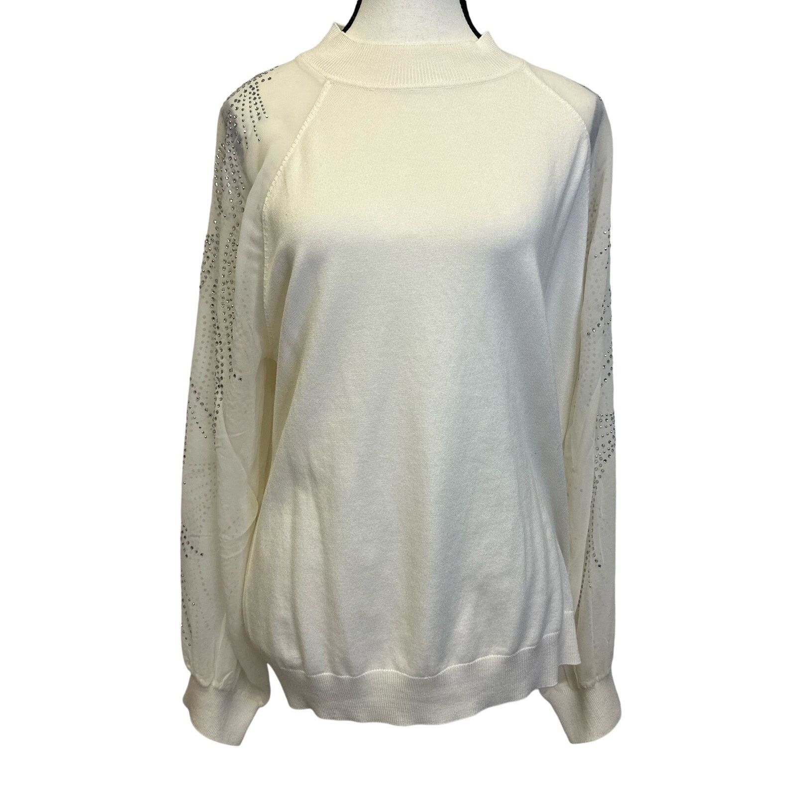 Adrianna Papell XL Embellished Knit Top Sheer Sleeve Blouse in White, Women's