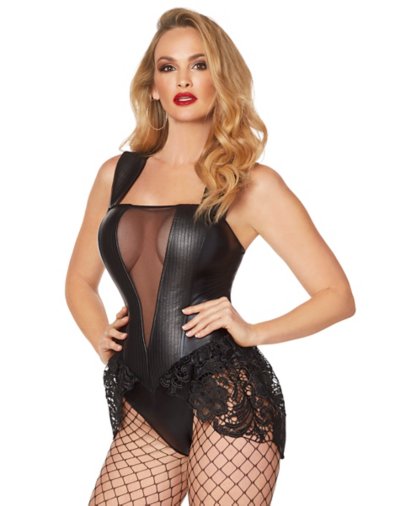 Adult Black Faux Leather and Lace Bodysuit by Spirit Halloween