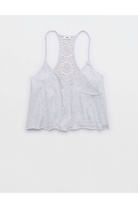 Aerie Summer House Crochet Back Cropped Tank Top Women's Light Heather Gray XXS