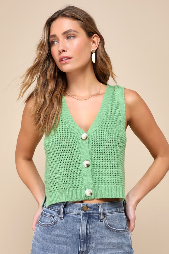 Aesthetic Ease Green Pierced Knit Button-Front Cropped Tank Top