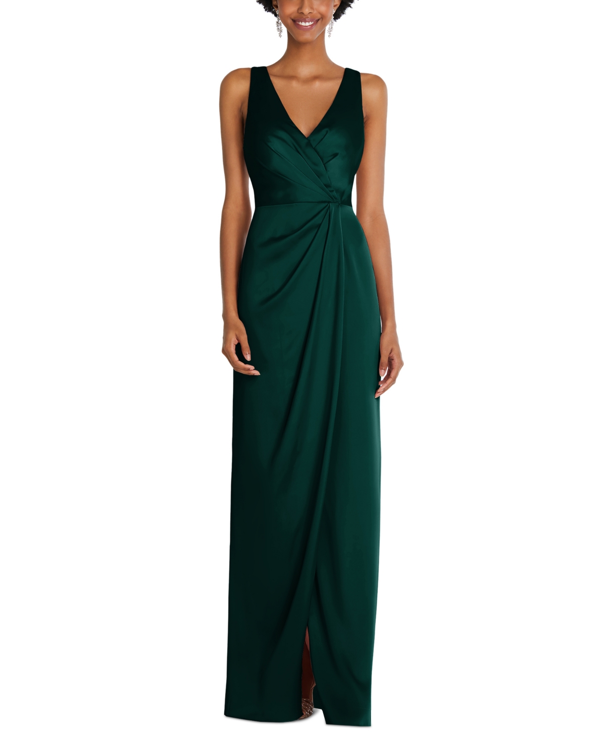 After Six Women's Faux Wrap Whisper Satin Maxi Dress with Draped Tulip Skirt - Evergreen