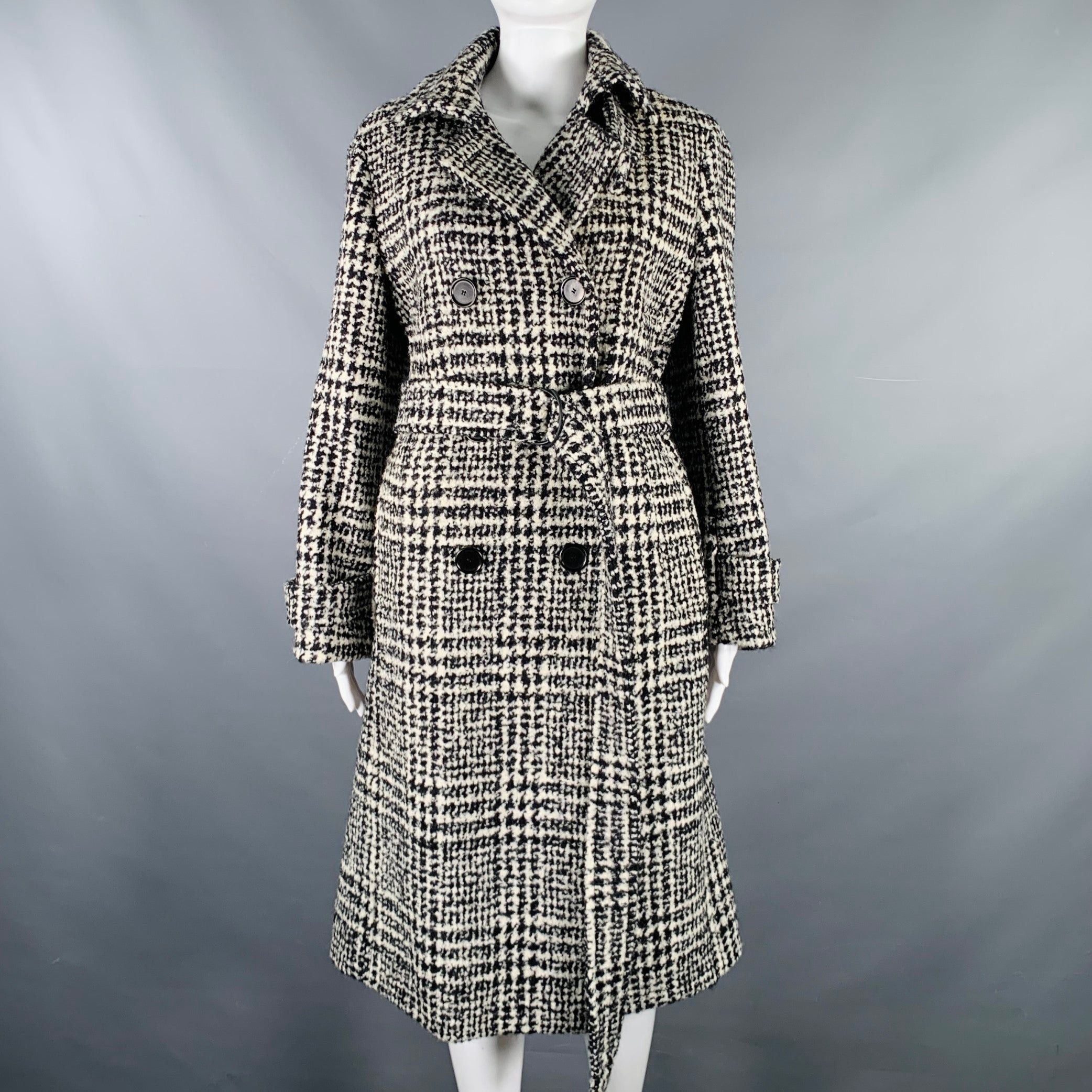 Akris Black White Wool Blend Plaid Trench Coat, Women's (Size Medium)