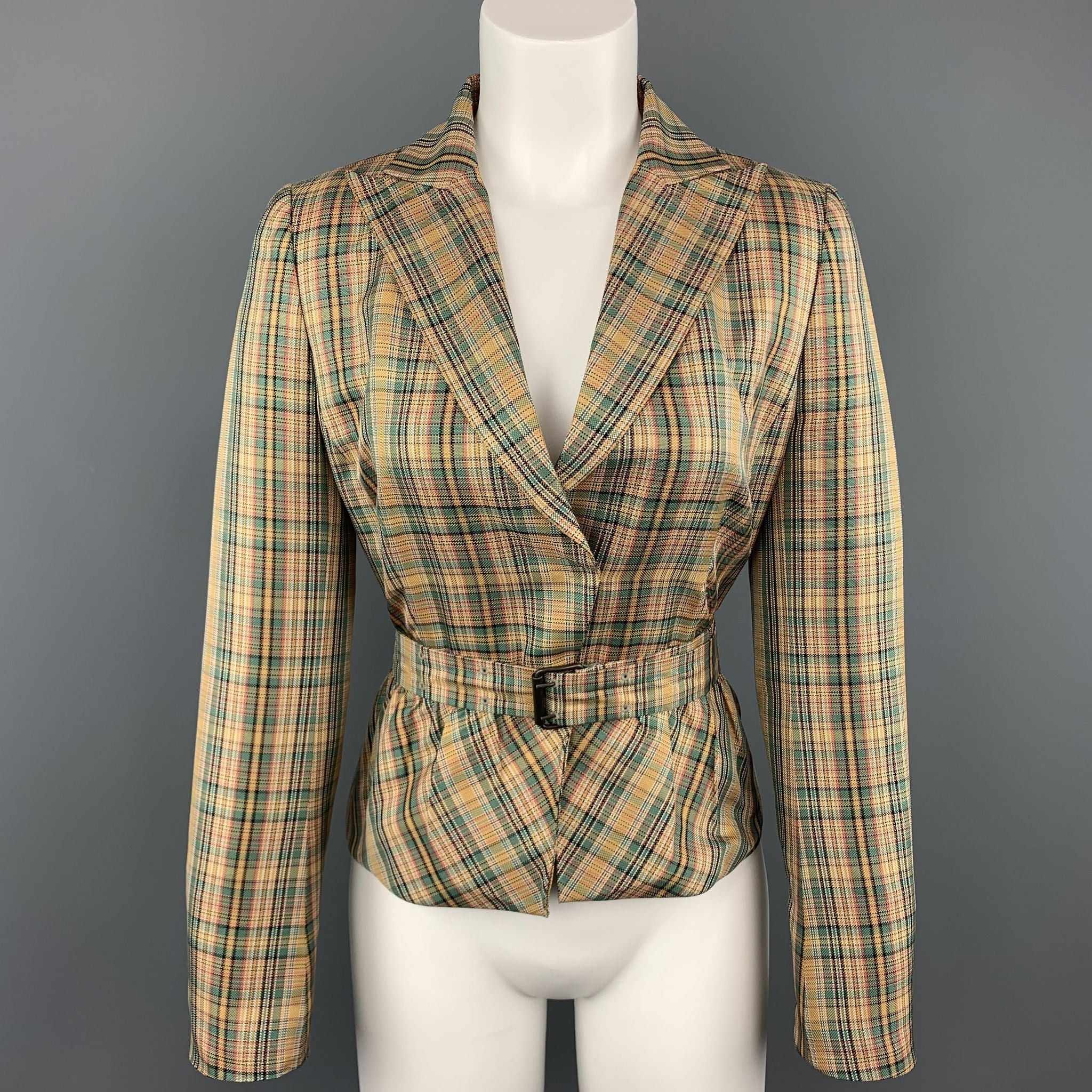 Akris Gold & Green Plaid Silk Cropped Belted Blazer, Women's (Size Medium)