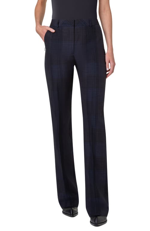 Akris Marilyn Black Watch Tartan Cotton & Silk Seersucker Bootcut Pants in Navy at Nordstrom, Size 8