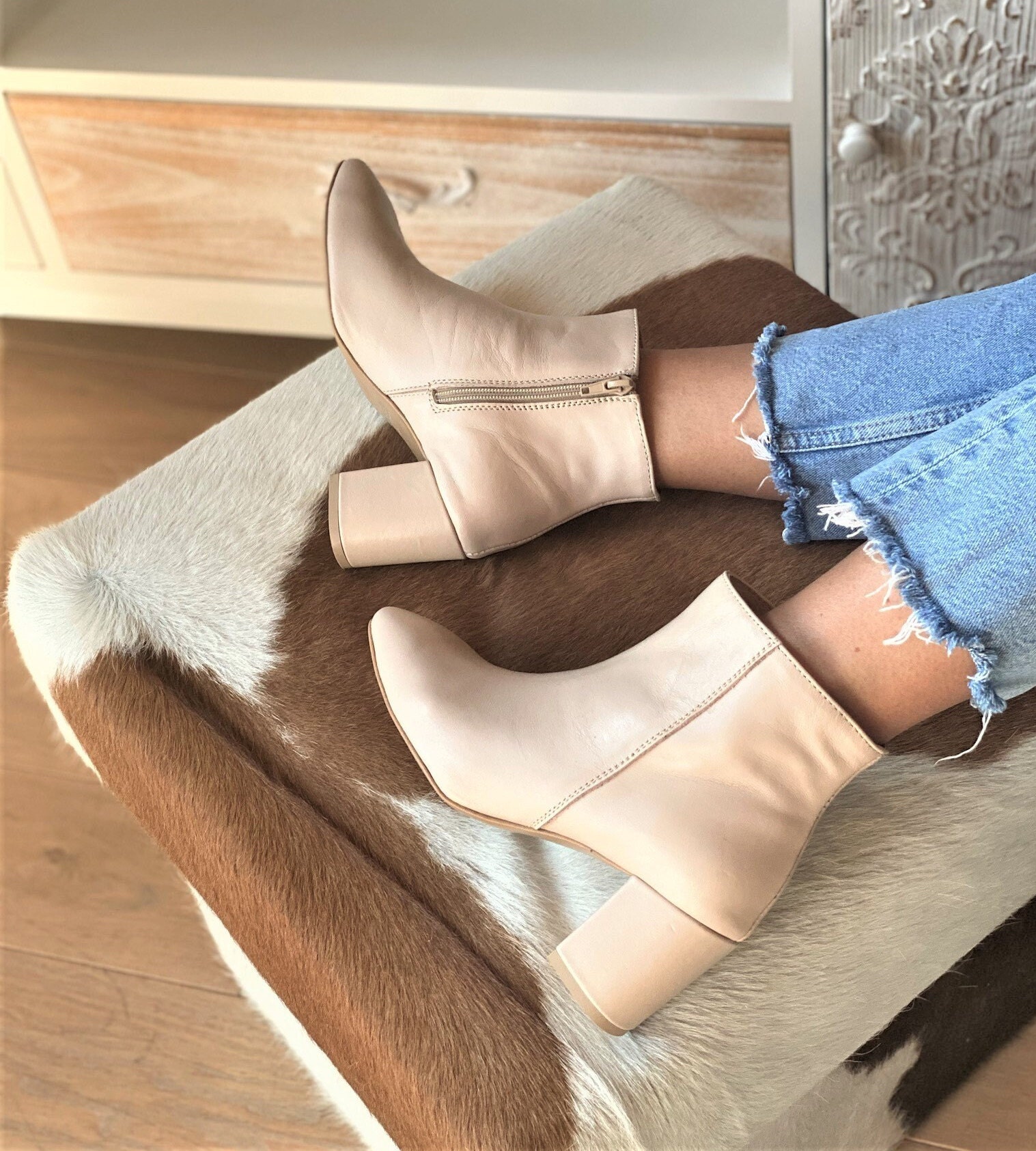 Aldo - Leather Boots, Women Ankle Boots, High Heels Boots, Beige Boots, Wedding Boots, Block Wedding Shoes, Winter