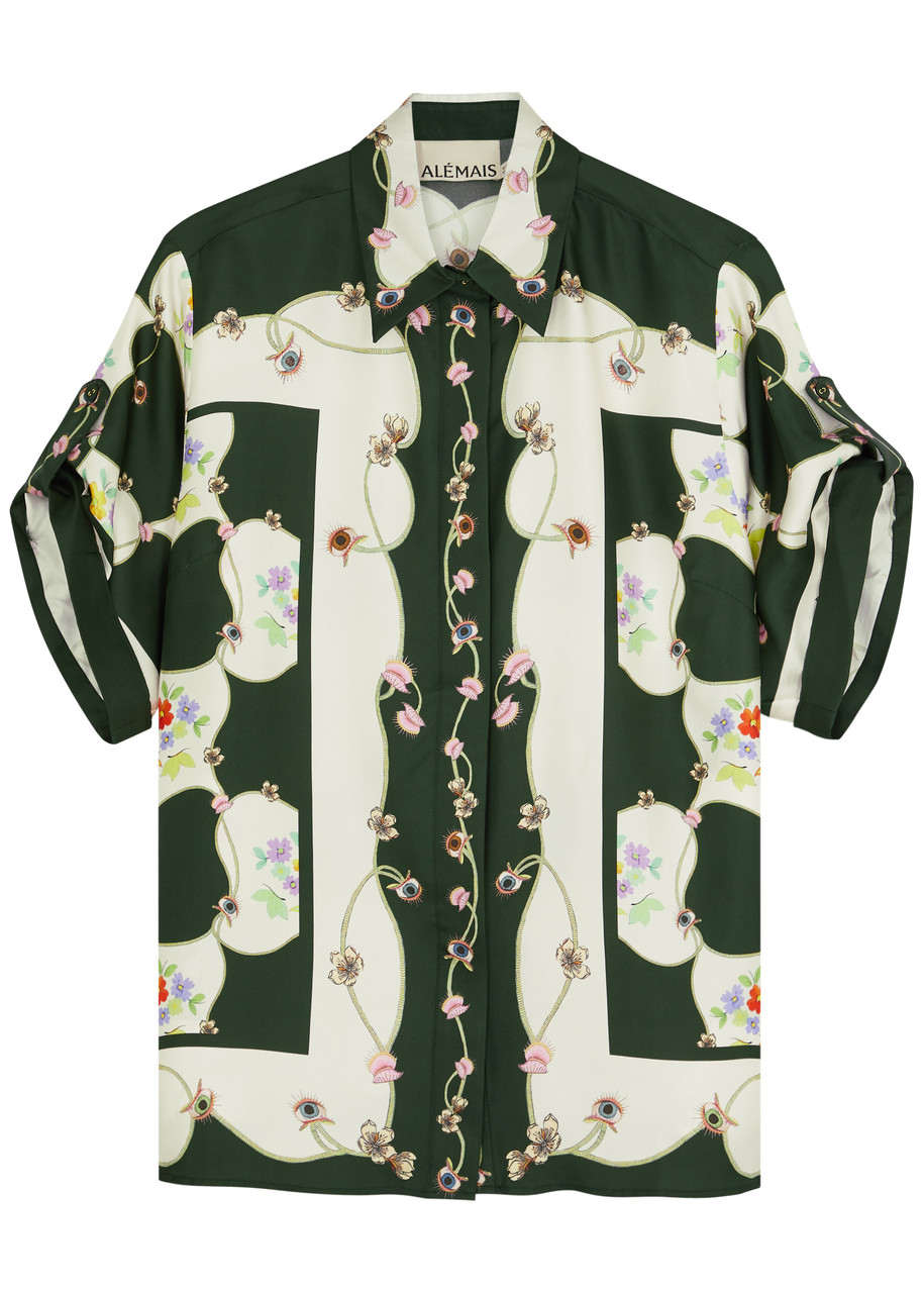 Alemais Venus Printed Silk-satin Shirt - Green/White - XS