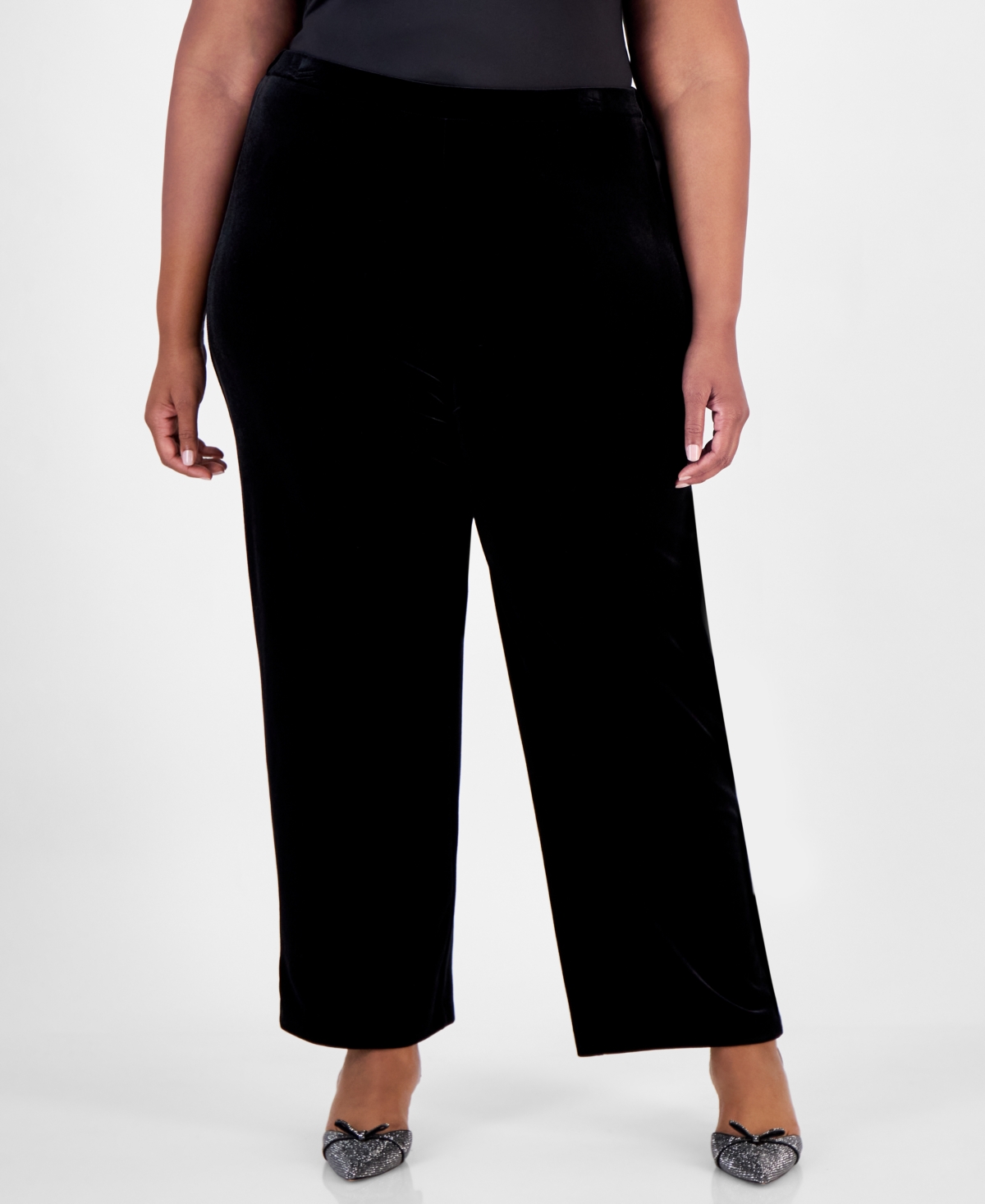 Alex Evenings Plus Size Velvet Side-Stripe Straight-Leg Pants - Black