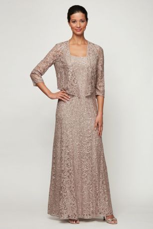 Alex Evenings Sequin Lace A-Line Dress And Open Front Jacket in Buff Size: 8 David's Bridal