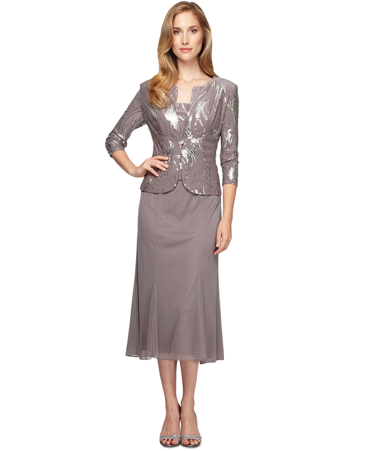 Alex Evenings Sequined A-Line Midi Dress and Jacket - Pewter