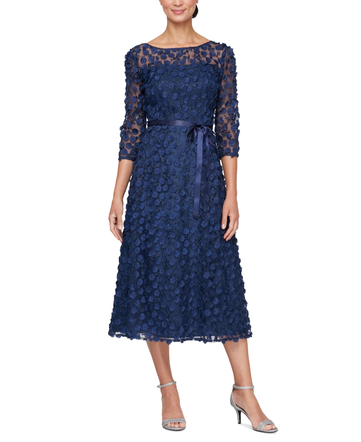 Alex Evenings Women's 3-d-Flower A-Line Midi Dress - Navy