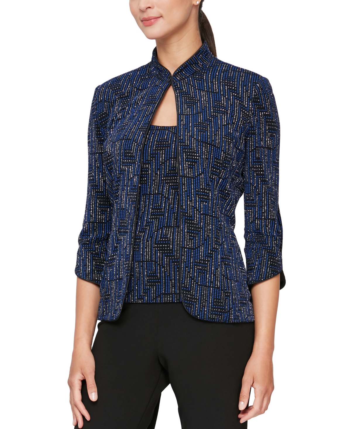 Alex Evenings Women's 3/4-Sleeve Mandarin-Collar Jacket & Scoop-Neck Tank Top Twinset - Black/royal