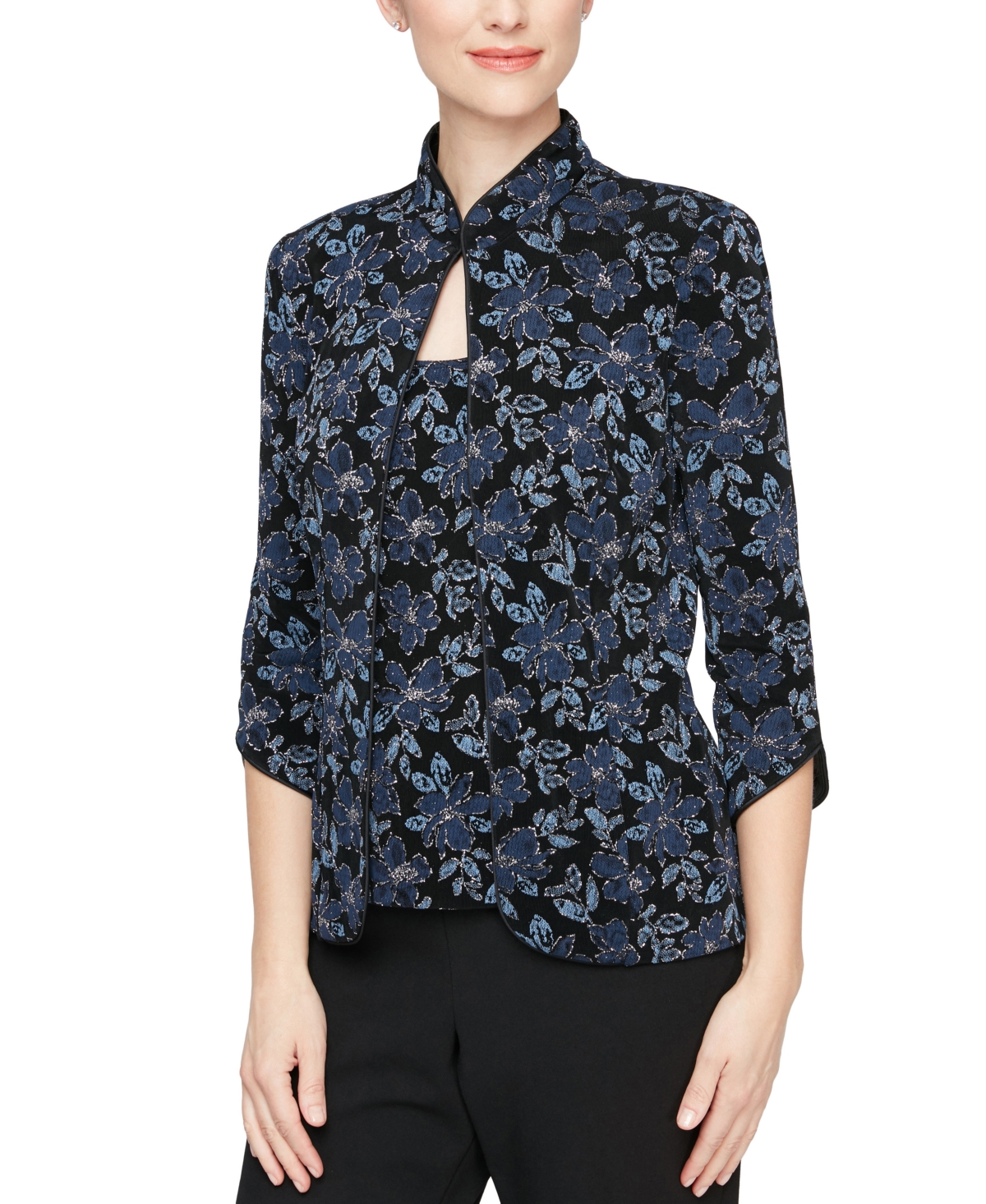 Alex Evenings Women's Glitter Knit Mandarin-Collar Jacket & Tank Top Twinset - Black/Navy