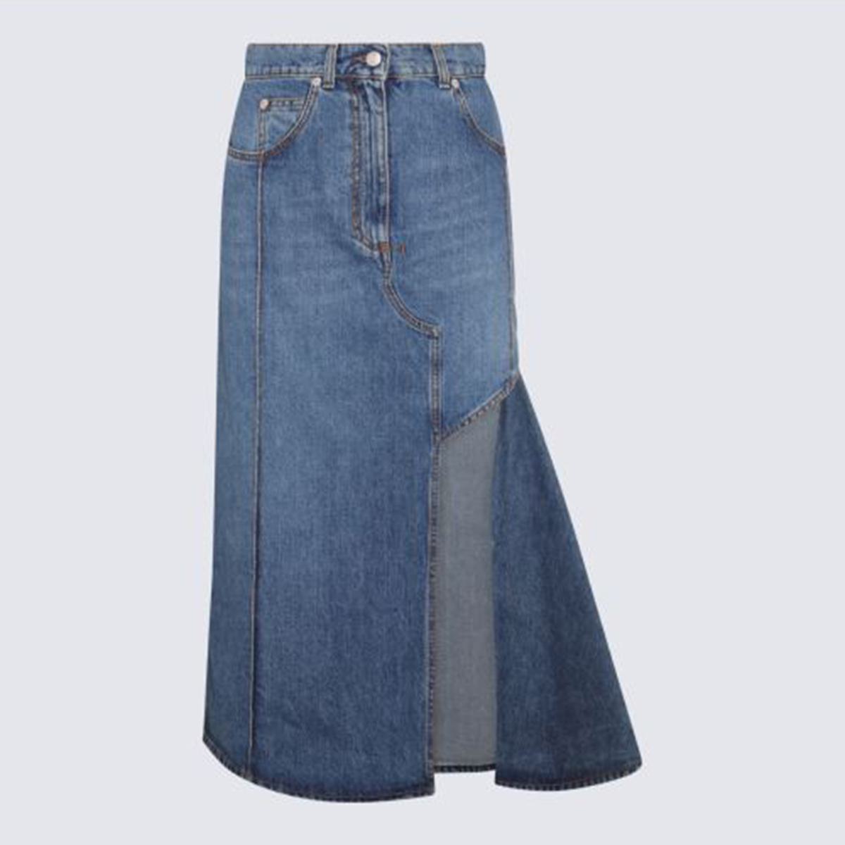 Alexander McQueen Blue Cotton Slashed Denim Skirt