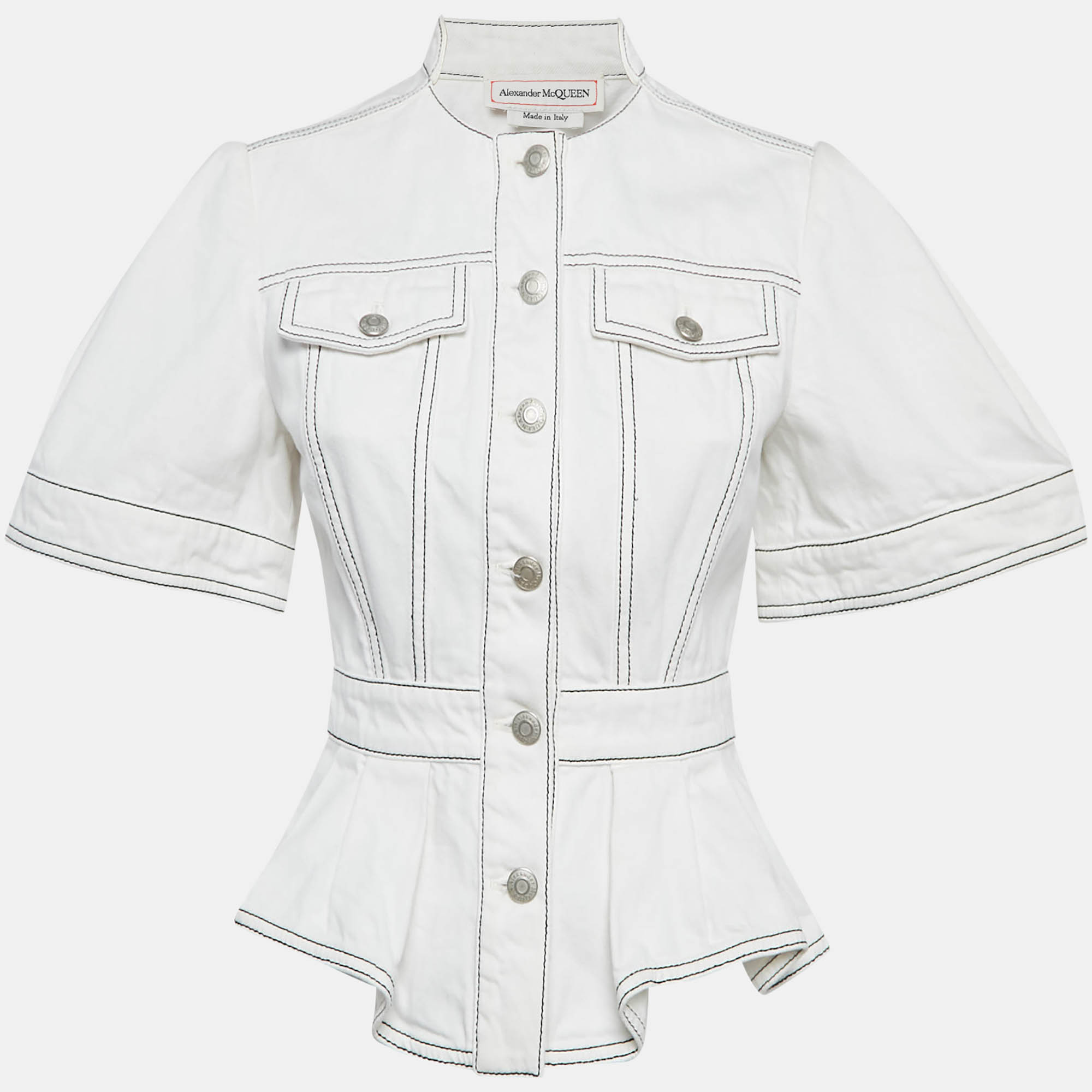 Alexander McQueen White Contrast Stitch Denim Peplum Style Top S