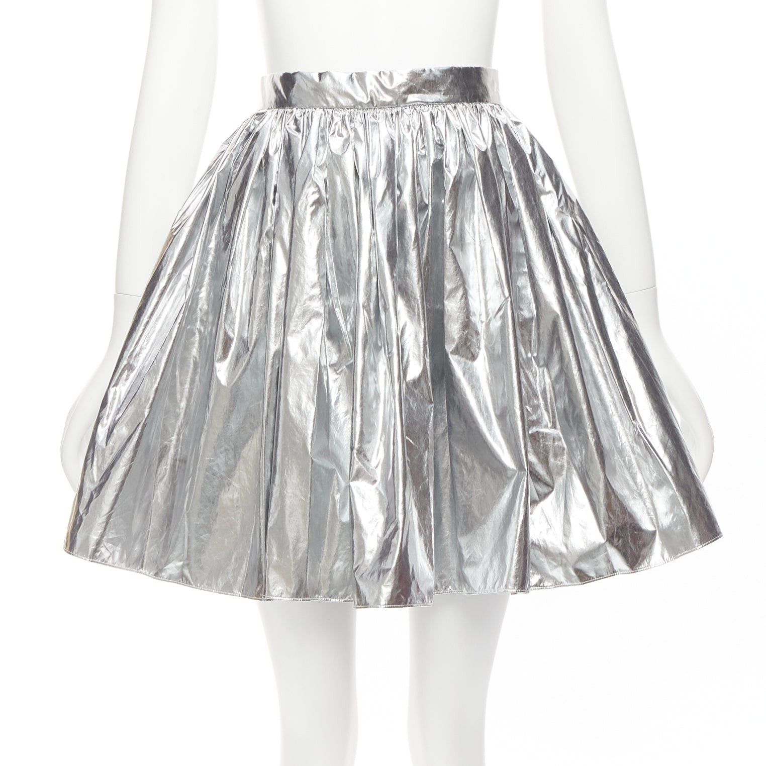 Alexander Mcqueen 2022 Metallic Silver Foil Flared Knee Length Circle Skirt It36 Xxs, Women's (Size 25)