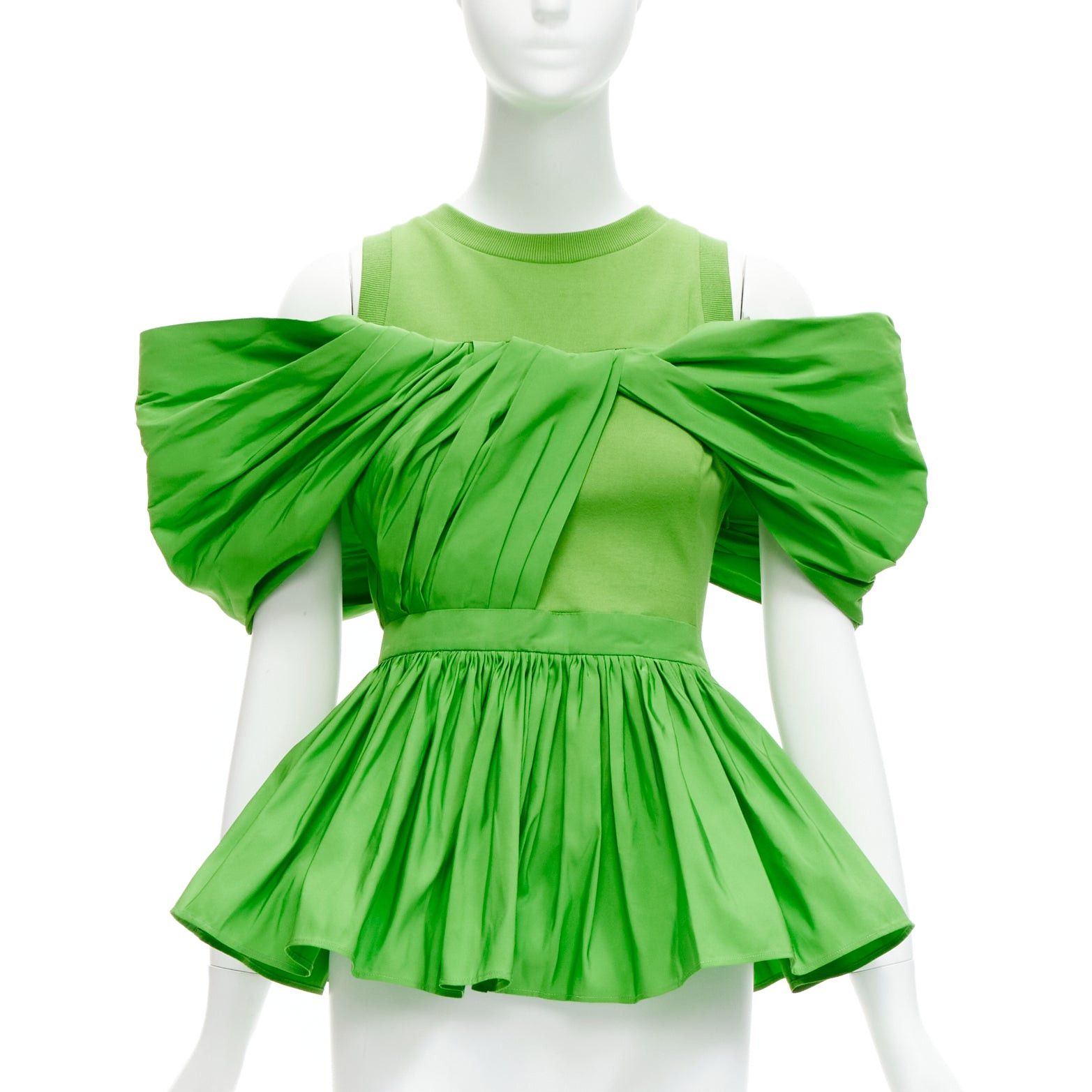 Alexander Mcqueen 2023 Green Cotton Pleated Peplum Faille Cold Shoulder Top It38 Xs, Women's