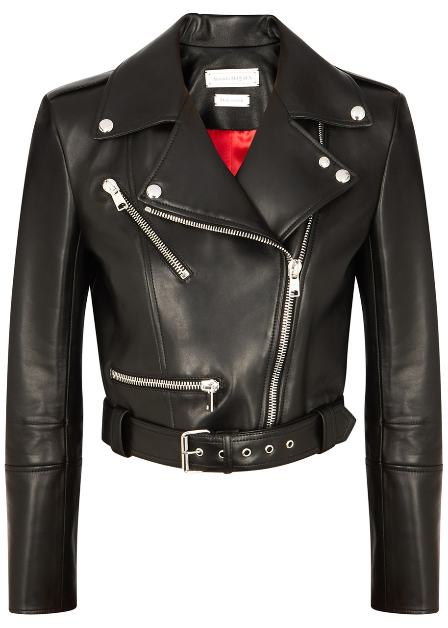 Alexander Mcqueen Black Cropped Leather Biker Jacket - 12