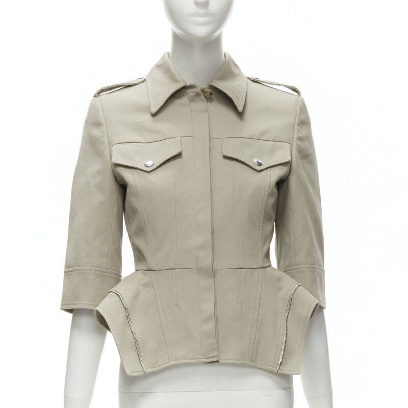 Alexander Mcqueen Grey Cotton Fitted Zipper Trim Peplum Utility Jacket It38 Xs, Women's