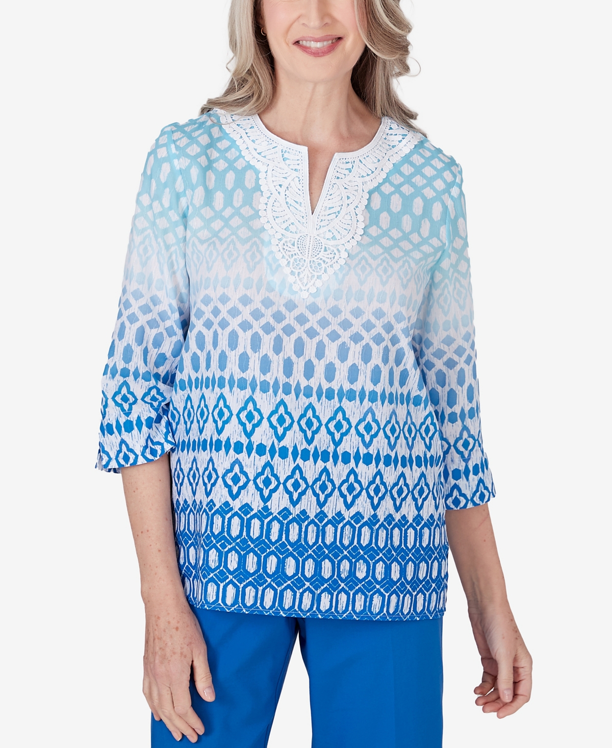 Alfred Dunner Women's Neptune Beach Ombre Diamond Print Tunic Top - Ocean Blue