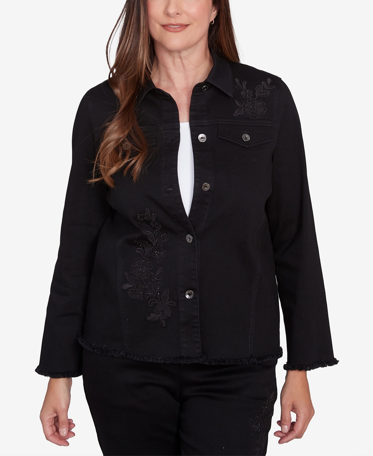 Alfred Dunner Women's Wild at Heart Floral Embroidered Denim Jacket - Black