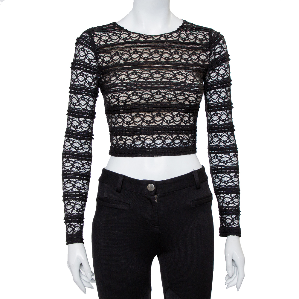 Alice + Olivia Black Lace Long Sleeve Rilo Crop Top XS