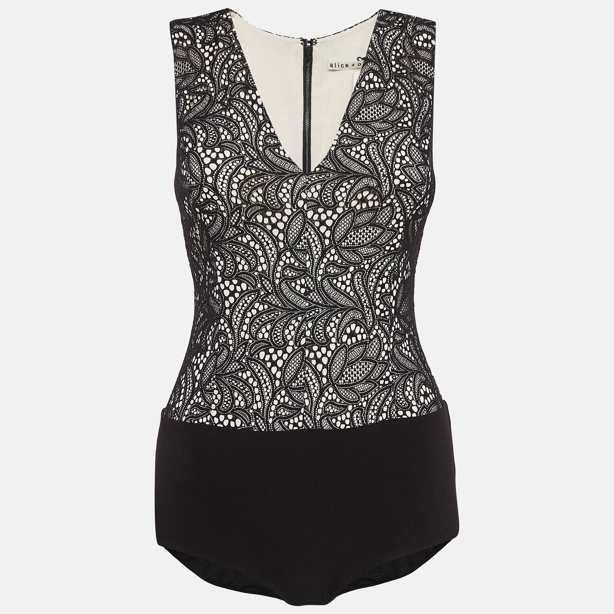 Alice + Olivia Black Lace V-Neck Bodysuit XS