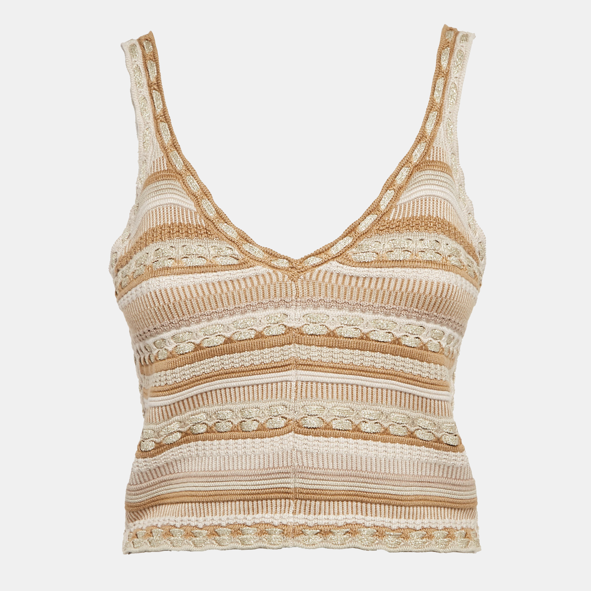 Alice + Olivia Gold/Natural Patterned Lurex and Cotton Knit Crop Top S