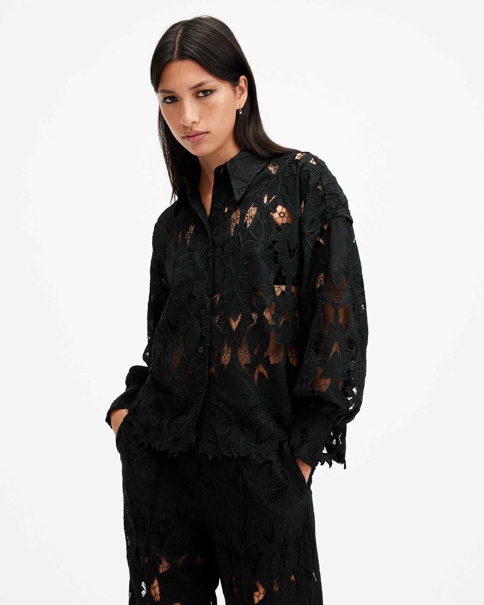 AllSaints Charli Relaxed Fit Embroidered Shirt