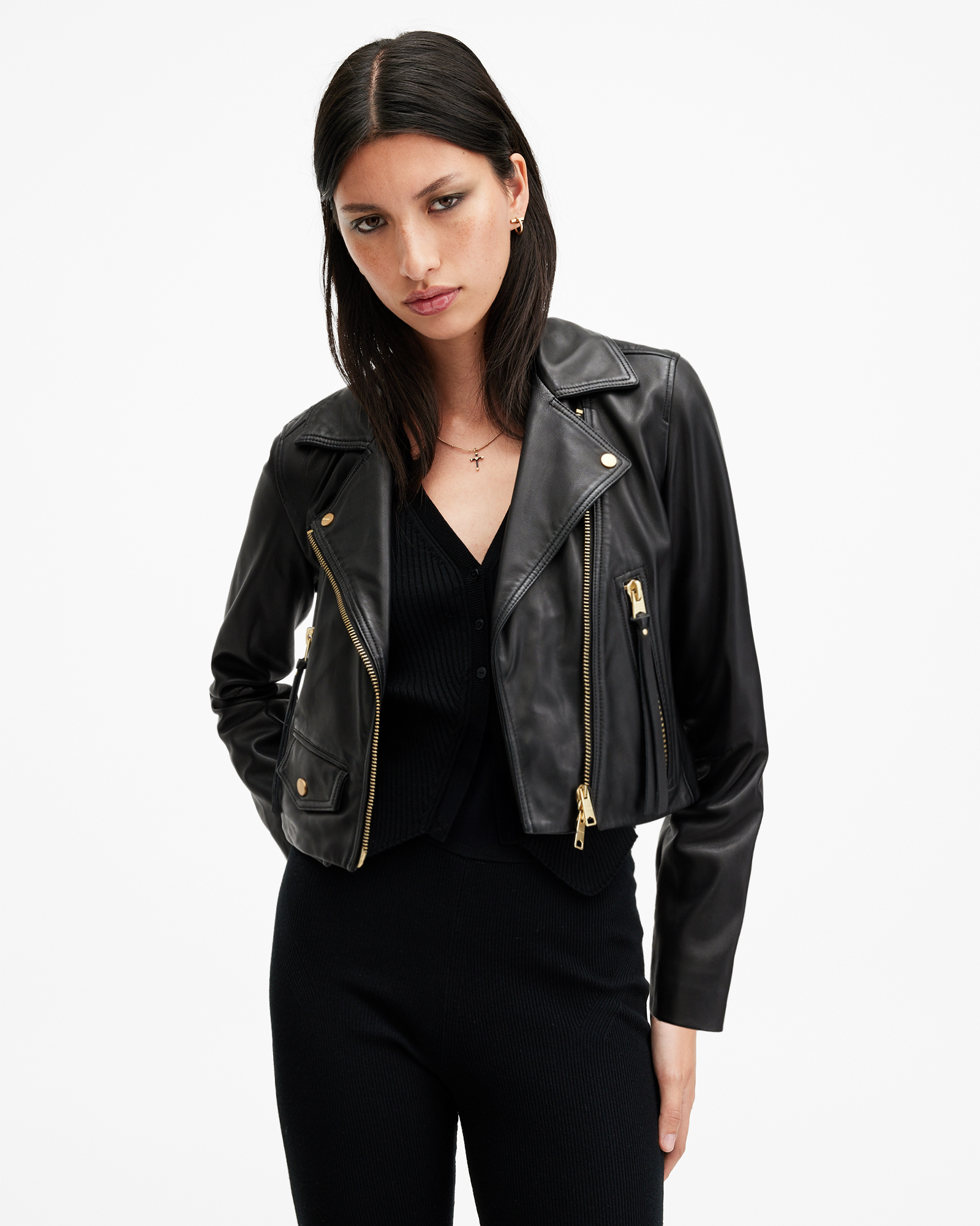 AllSaints Elora Cropped Slim Leather Biker Jacket