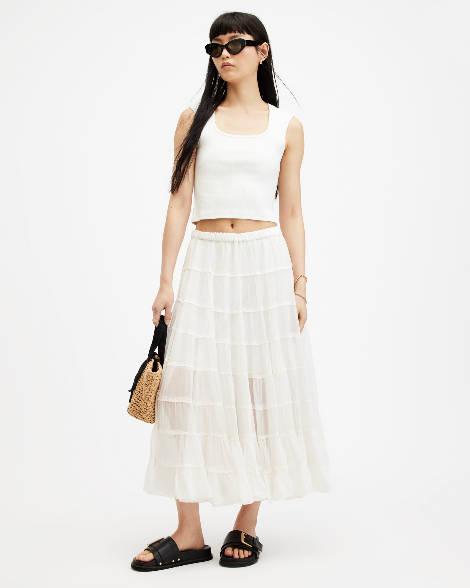 AllSaints Eva Elasticated Waist Tiered Maxi Skirt