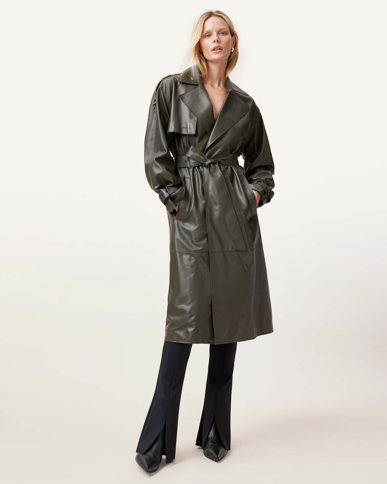 AllSaints Inez Leather Long Trench Coat