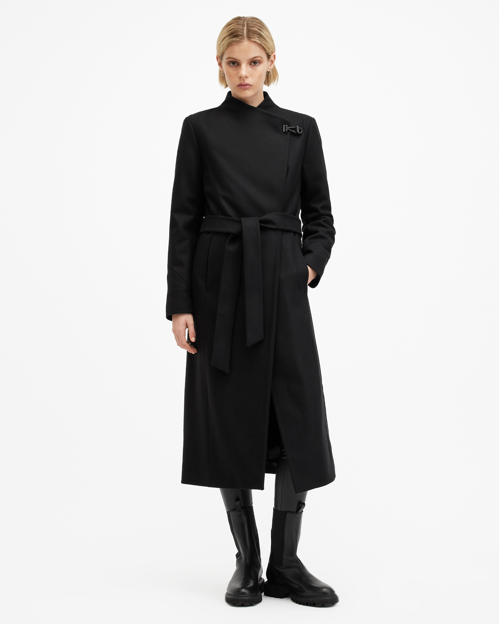 AllSaints Riley Wrap Around Belted Long Line Coat