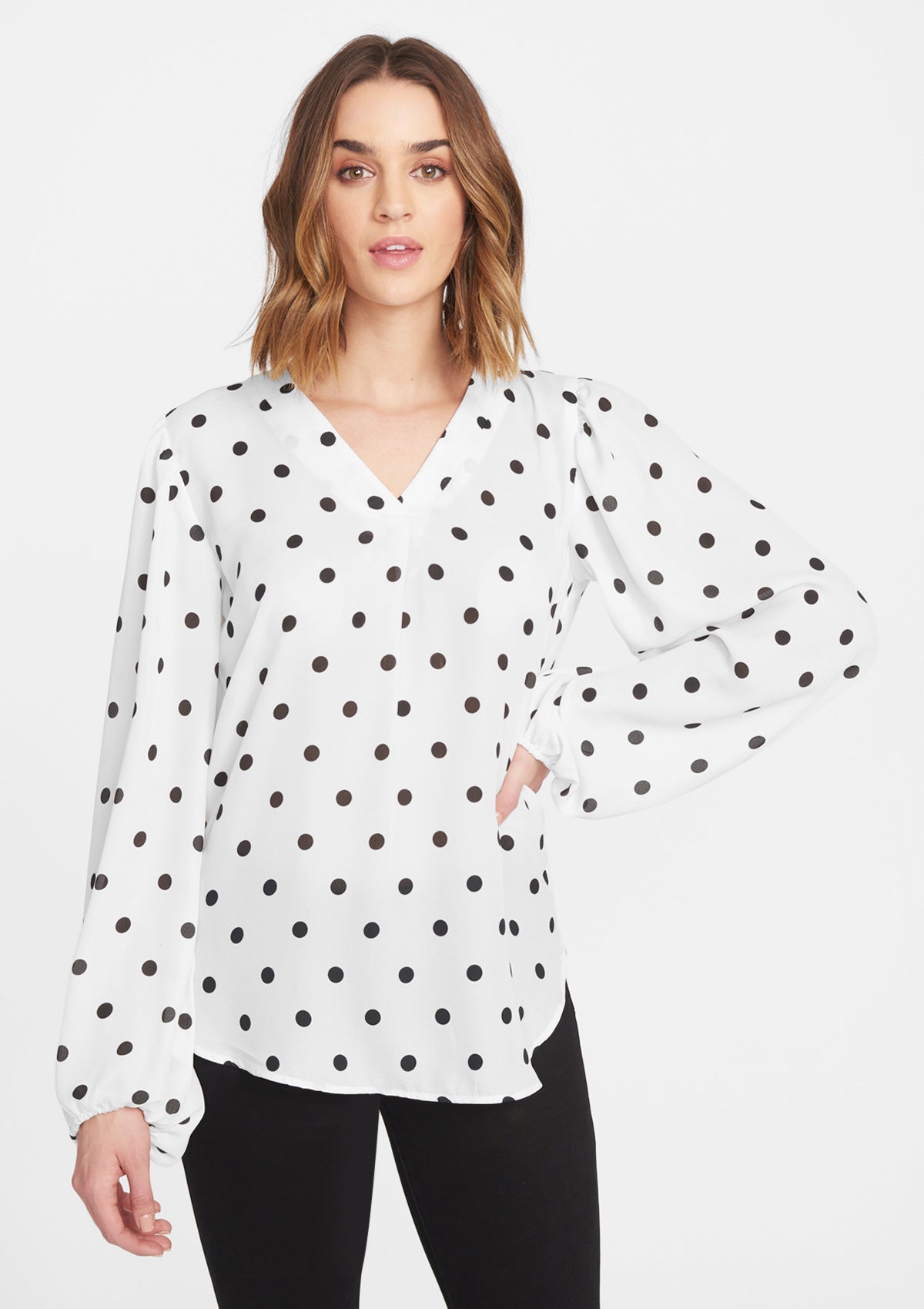 Alloy Apparel Tall Long Sleeve Blouse for Women in Ivory Black Dot Size Small/M | PU/Synthetic