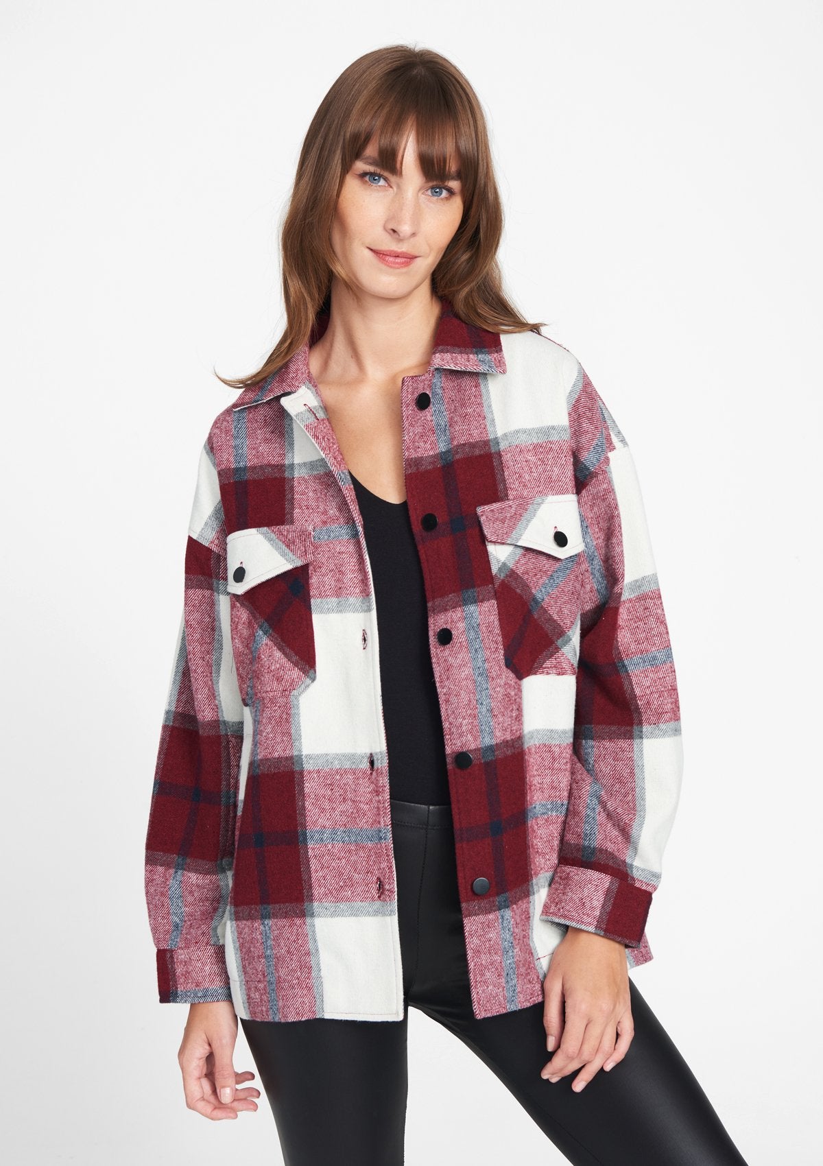 Alloy Apparel Tall Paula Plaid Jacket for Women in Burgundy Size Small