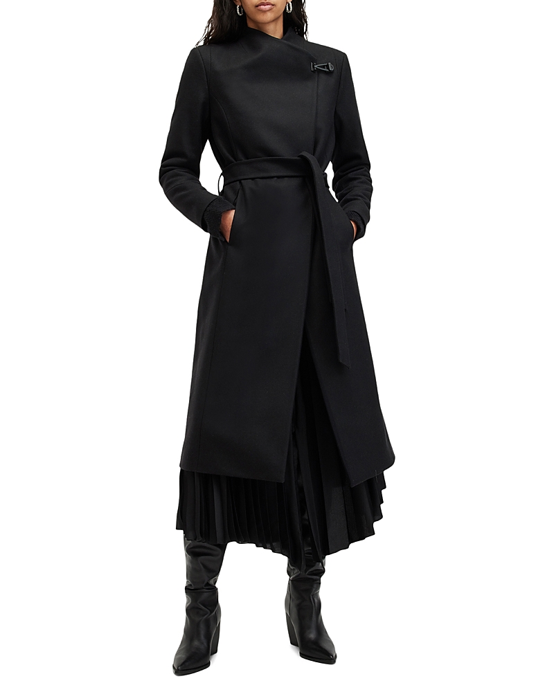 Allsaints Riley Wrap Around Belted Long Line Wool Coat